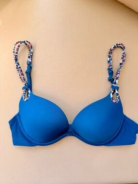 Victoria Secret Blue Bra with Pink & Navy Print Strap